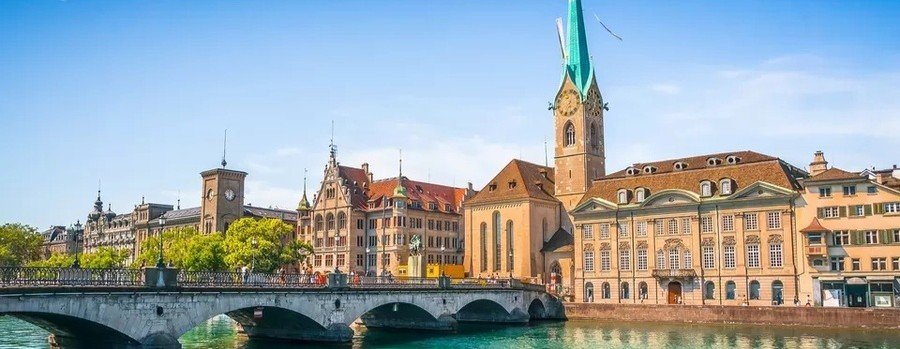 Zurich Old Town with Fraumünster Church and Limmat River in Switzerland