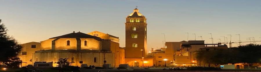 Evening view of Barletta Cathedral and its illuminated bell tower glowing against the twilight sky in southern Italy.