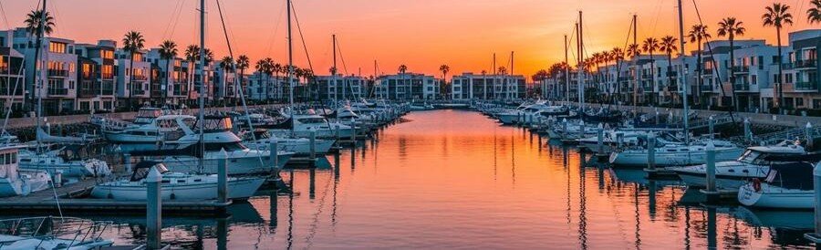 Sunset view overlooking the marina and yachts in Marina del Rey, California