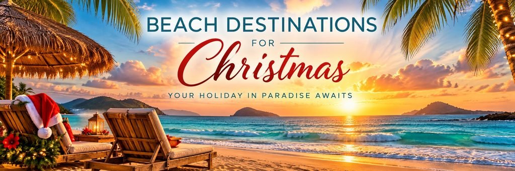 Beautiful Destinations For Christmas featuring a tropical beach sunset, turquoise ocean waves, festive lights, lounge chairs, and a Santa hat beside the sand.