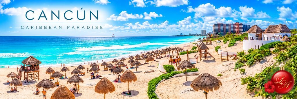 Cancún beach with turquoise Caribbean water, white sand, thatched palapas, beachfront resorts, and a sunny tropical coastline.