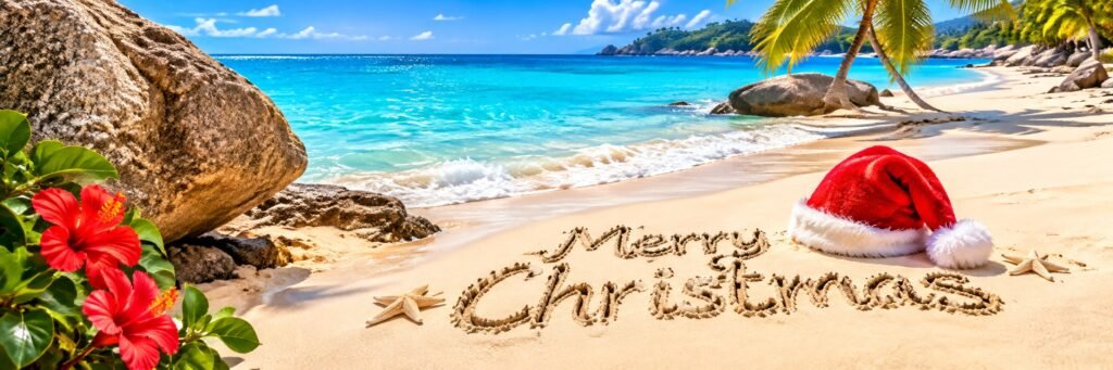 Tropical Christmas beach with turquoise ocean water, a sand sculpture wearing a Santa hat, red hibiscus flowers, starfish, and a hanging Christmas ornament.