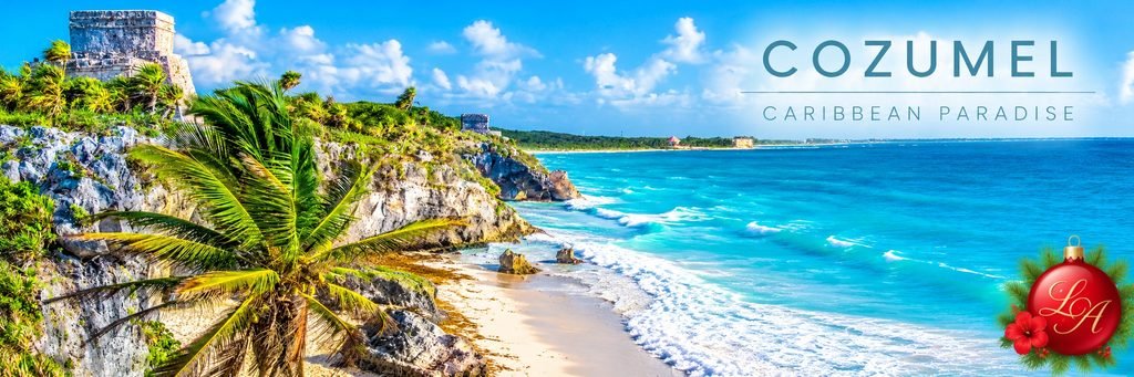 Cozumel, one of Mexico's beautiful Destinations For Christmas, features ancient coastal ruins, swaying palm trees, rocky cliffs, and turquoise Caribbean waters.