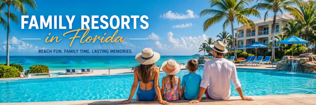Family Resorts in Florida with a family enjoying a tropical pool overlooking the beach and ocean.