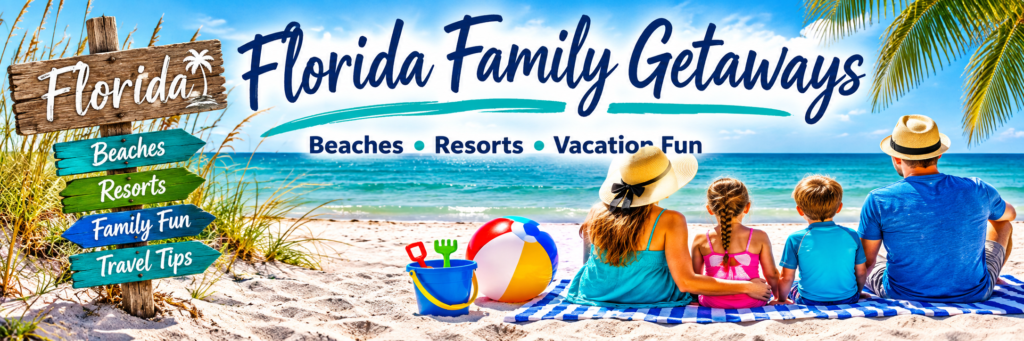 Family enjoying a sunny Florida beach vacation by the ocean
