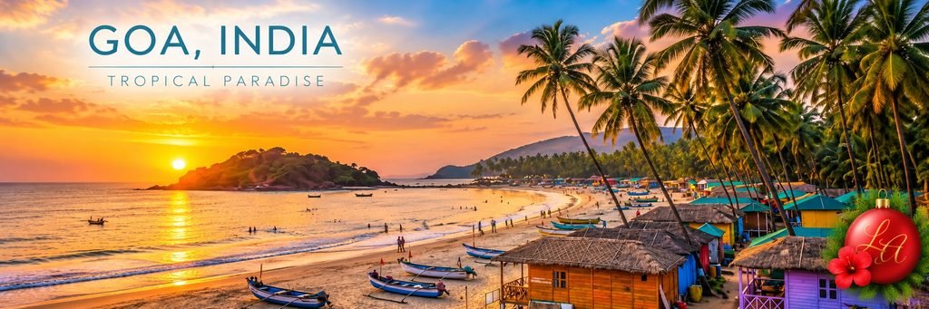 Goa, India beach at sunset with golden sand, colorful beach huts, fishing boats, swaying palm trees, and warm reflections across the Arabian Sea.