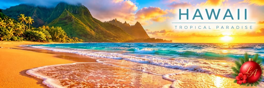 Hawaii, one of the most beautiful Destinations For Christmas, featuring golden beaches, turquoise ocean waves, lush green mountains, and a spectacular tropical sunset.
