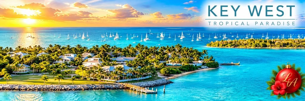 Aerial view of Key West, Florida, featuring turquoise waters, sailboats, palm-lined waterfront homes, and a beautiful golden tropical sunset.