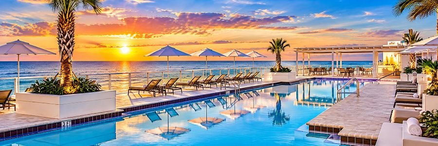 The Pensacola Beach Resort in Florida featuring an oceanfront swimming pool, palm trees and Gulf views at sunset.
