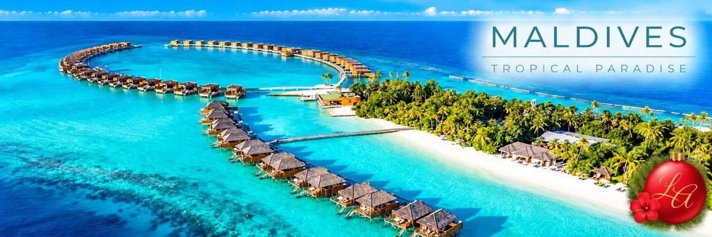 The Maldives, one of the most beautiful Destinations For Christmas, featuring luxury overwater villas, turquoise lagoons, white-sand beaches, and tropical palms.