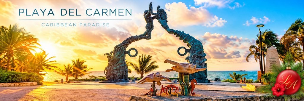 Playa del Carmen, one of Mexico's beautiful Destinations For Christmas, featuring the Portal Maya sculpture, palm trees, and a golden Caribbean sunset.
