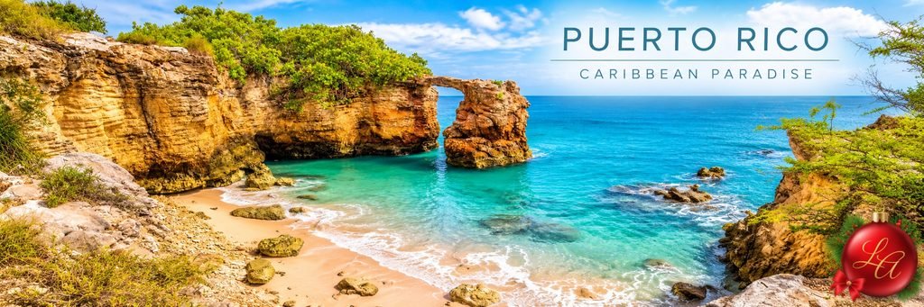 Secluded Puerto Rico beach with a natural limestone arch, golden rocky cliffs, turquoise Caribbean water, and a sandy shoreline.