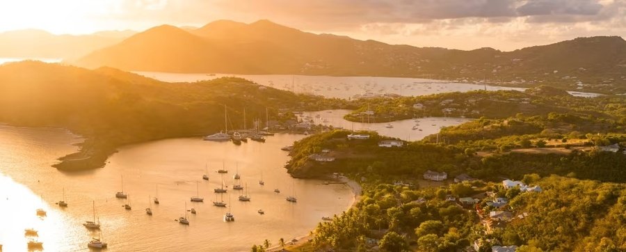 Sunset over Antigua and Barbuda beach with palm trees Caribbean coastline travel destination