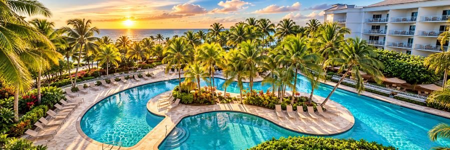 Largo Mar Beach Resort featuring a tropical lagoon-style swimming pool, palm trees and beachfront accommodations at sunset.