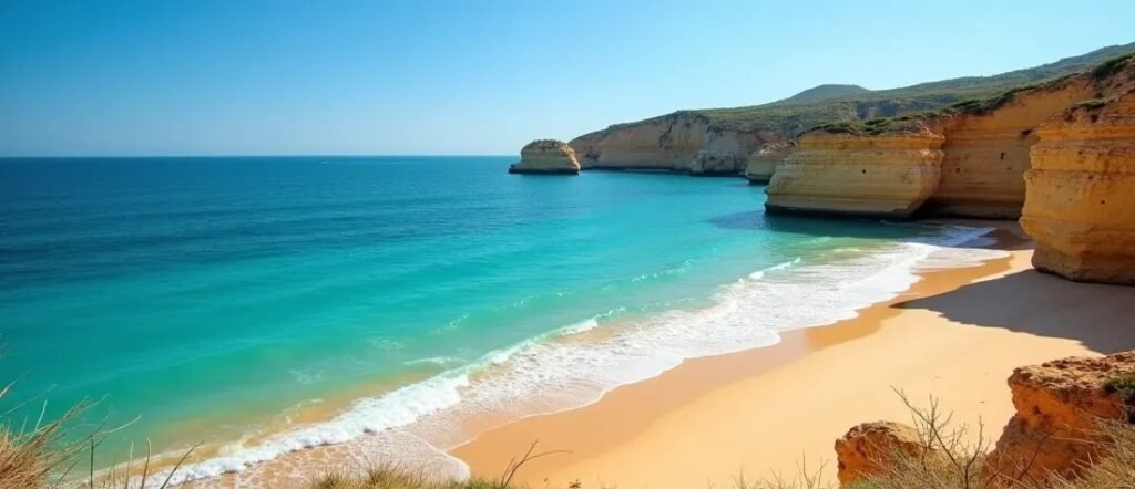 Pristine turquoise water and golden cliffs along one of the most stunning Spain beaches.