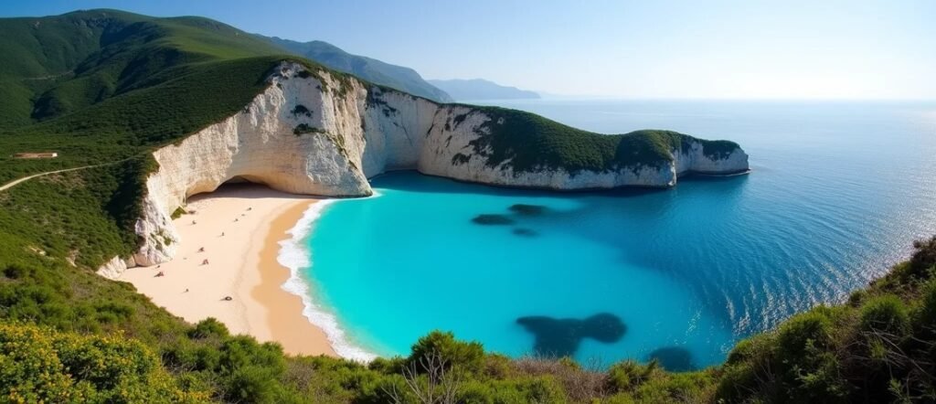 A stunning aerial view of Myrtos Beach in Kefalonia with white cliffs, deep turquoise water, and soft golden sand.