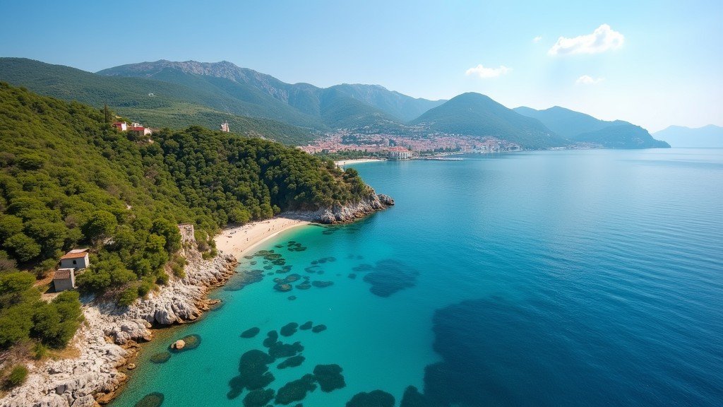 Paleokastritsa coastline in Corfu with turquoise water and green hills