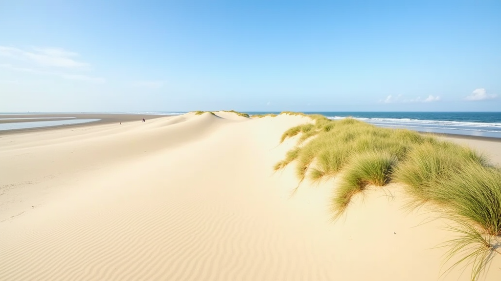 Wide sandy dunes along a Danish beach with gentle surf and distant blue sky, Beaches In Denmark