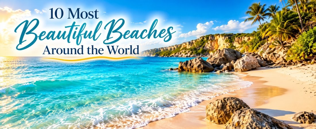 Beautiful beaches around the world featuring sparkling turquoise water, golden sandy shores, tropical palm trees, and dramatic coastal cliffs.