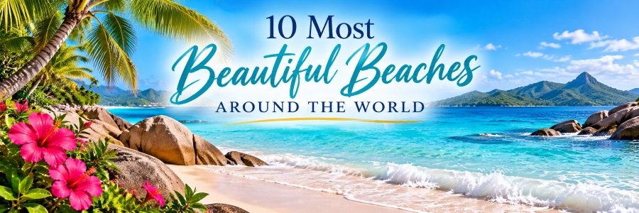 Beautiful beaches around the world featuring turquoise ocean water, soft white sand, tropical palm trees, colorful hibiscus flowers, and scenic islands.