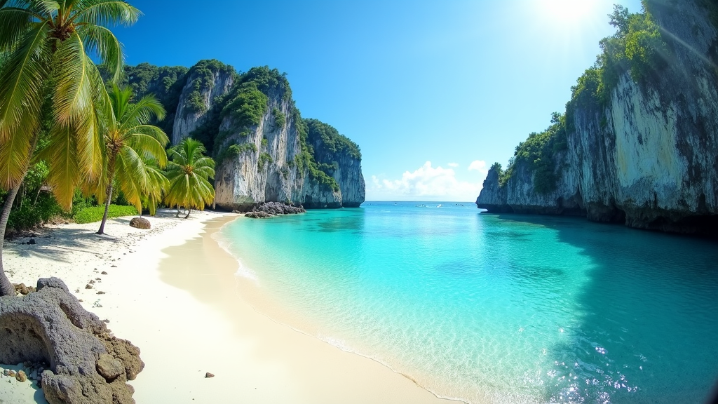 A panoramic view of a beautiful tropical beach with turquoise water, palm trees, and soft white sand. The Most Beautiful Beaches In The World, Grace Bay Turks and Caicos, Bora Bora French Polynesia, Navagio Beach Zakynthos Greece, Whitehaven Beach Australia, Anse Source d'Argent Seychelles, Beach Travel Destinaitons
