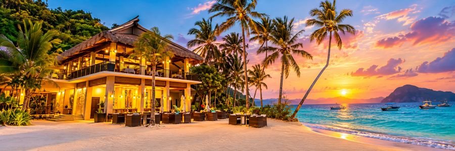 Amanpulo in the Philippines with a tropical beachfront pavilion, palm trees, turquoise water, and a glowing sunset.