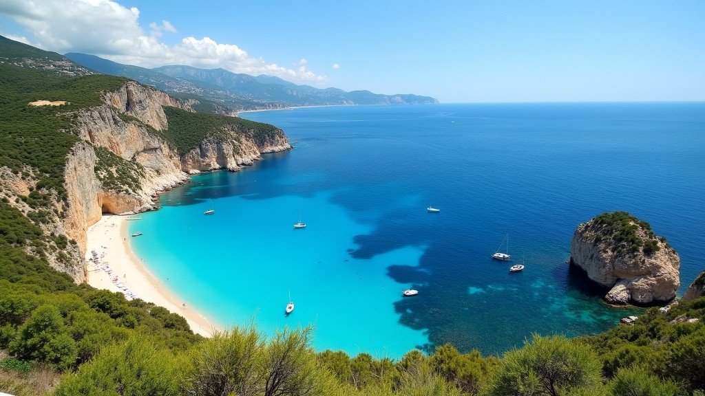 Turquoise cove beach in the Balearic Islands with limestone cliffs, boats, and crystal clear Mediterranean water