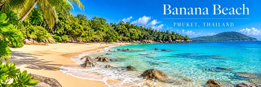 Beautiful beaches in Thailand featuring Banana Beach in Phuket, with golden sand, crystal-clear turquoise water, tropical palm trees, and coastal rocks.