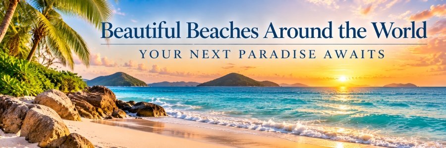Tropical beach at sunset with golden sand, turquoise waves, palm trees, coastal rocks, and distant islands beneath a colorful evening sky.