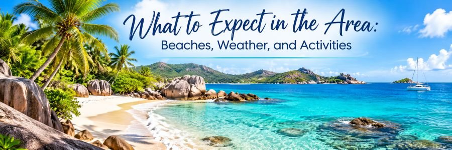 Tropical beach with turquoise water, palm trees, rocky coastline, and a sailboat representing beaches, weather, and activities.
