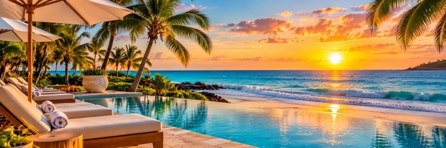 Luxury tropical beachfront resort with an infinity pool, palm trees, turquoise ocean, and a beautiful sunset.