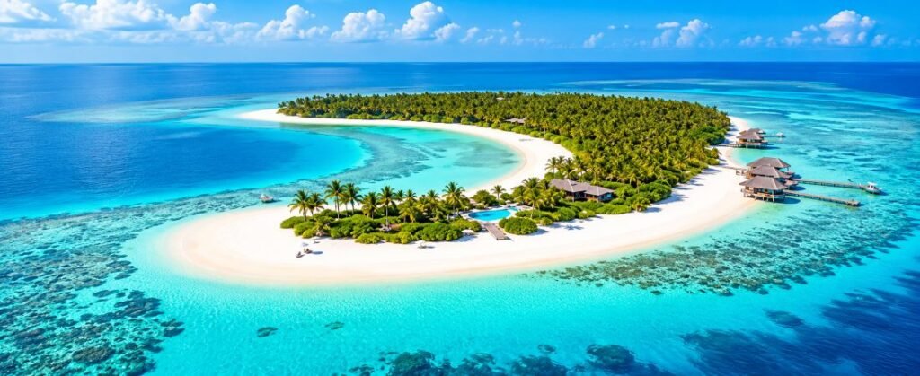 Tropical island resort surrounded by white sand beaches, turquoise water, palm trees, and overwater villas.