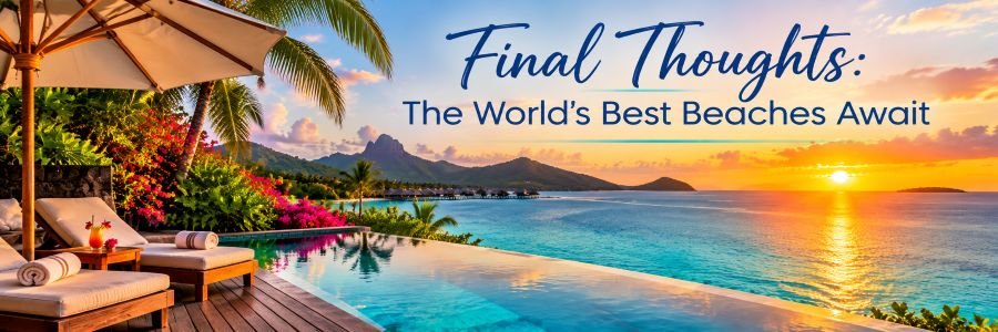 Luxury tropical beach resort with an infinity pool, turquoise ocean, palm trees, and a spectacular sunset.
