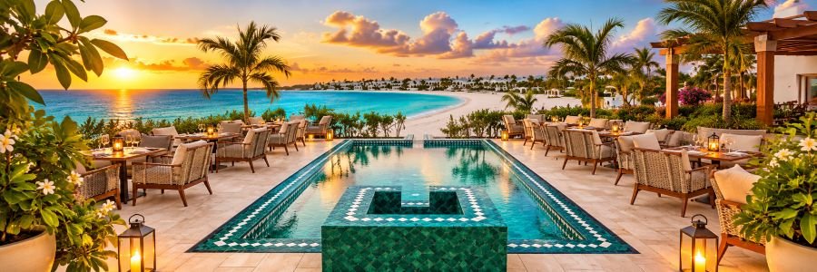 Cap Juluca in Anguilla with an elegant poolside terrace overlooking turquoise Caribbean water and a white sand beach.