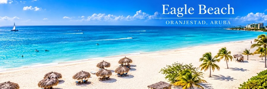 Beautiful beaches in Aruba featuring Eagle Beach, with powdery white sand, sparkling turquoise Caribbean water, thatched beach umbrellas, and tropical palm trees.