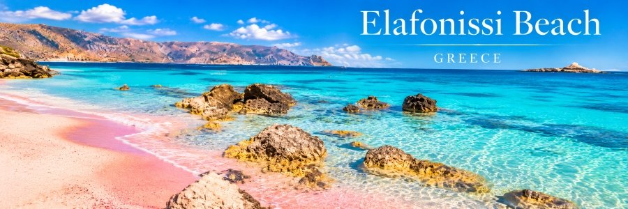 Beautiful beaches of Greece featuring Elafonissi Beach in Crete, with pink sand, crystal-clear turquoise water, coastal rocks, and distant mountains.