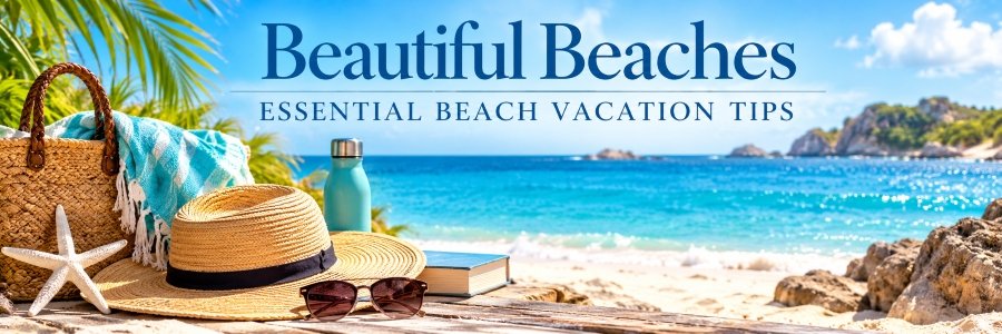 Beach vacation essentials including a woven tote bag, straw hat, sunglasses, towel, and reusable water bottle beside a sunny turquoise shoreline.