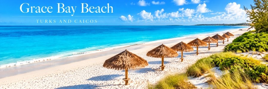 Beautiful beaches in Turks and Caicos featuring Grace Bay Beach, with powdery white sand, turquoise Caribbean waters, thatched umbrellas, and coastal greenery.