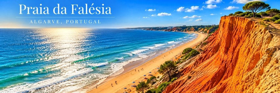 Beautiful beaches in Portugal featuring Praia da Falésia in the Algarve, with dramatic red-orange cliffs, golden sand, and sparkling blue Atlantic waters.