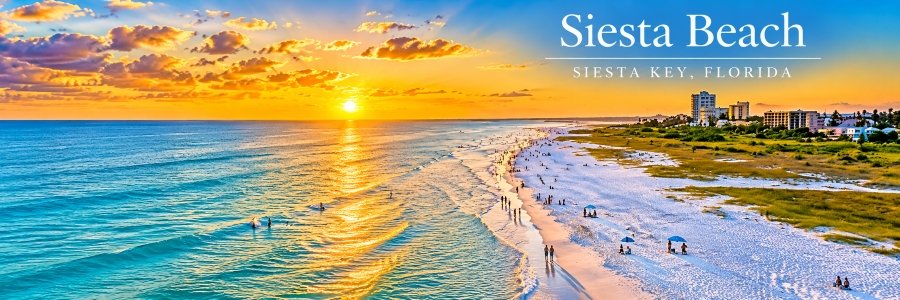Beautiful beaches in Florida featuring Siesta Beach at sunset, with powdery white sand, turquoise Gulf waters, golden reflections, and a sweeping coastline.