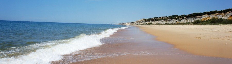 Playa de Mazagon Spain coastline with wide sandy beach and gentle waves