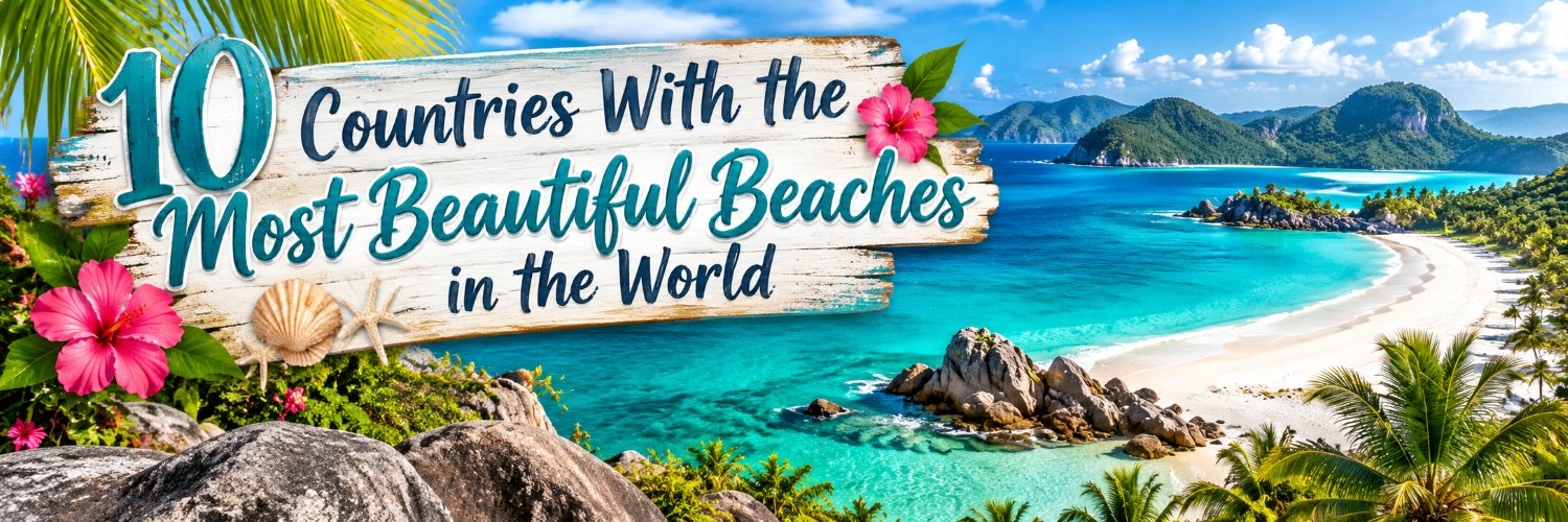 Most beautiful beaches around the world featuring a tropical coastline with turquoise waters, white sand, lush islands, hibiscus flowers, and a rustic wooden sign.