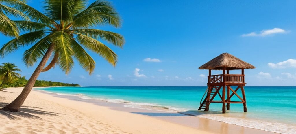 Beautiful white-sand beach in Costa Maya, Mexico, with a palm tree and a wooden lifeguard hut overlooking turquoise Caribbean waters.