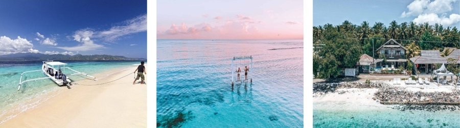 Three tropical scenes showing clear waters, a beach swing, and seaside villas on the Gili Islands.