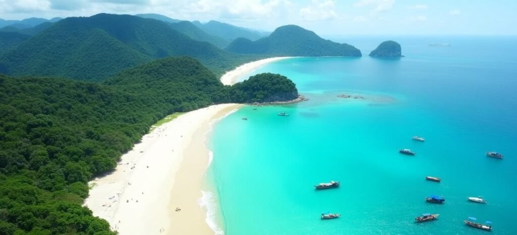 Best of Luzon – stunning view of Taal Volcano crater lake with lush green hills and clear blue skies in the Philippines.