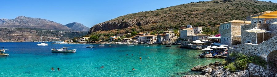 Stone tower village of Vathia overlooking rugged hills in the Mani Peninsula, Peloponnese, Greece.