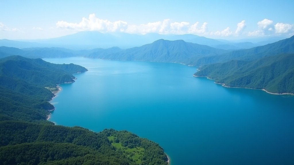 Island of Sumatra, A breathtaking aerial view of Lake Toba in Sumatra, with blue waters surrounded by rolling green hills and volcanic mountains
