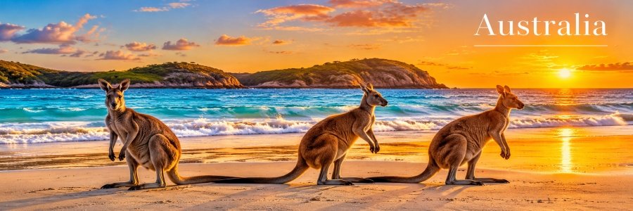 Three kangaroos on an Australian beach at sunset, with turquoise waves and golden skies showcasing one of the world's most beautiful beaches.