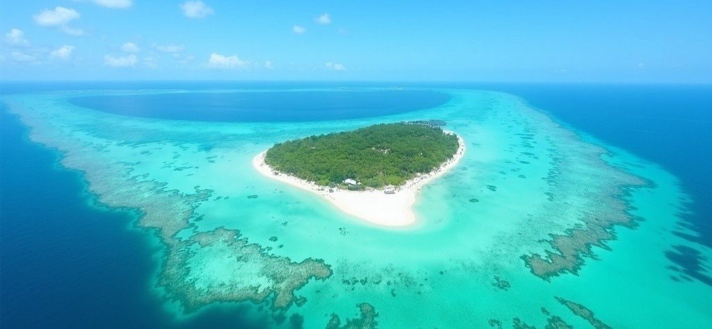 Aerial view of Bantayan Island surrounded by turquoise reefs and clear water in Cebu Philippines
