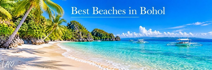 Best Beaches in Bohol banner featuring a palm-lined white-sand beach, crystal-clear turquoise water, and traditional outrigger boats beneath a brilliant blue sky.